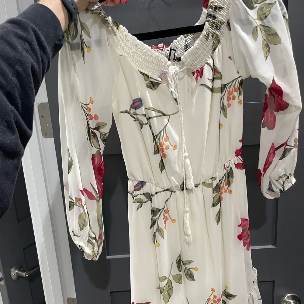 Off the shoulder, white floral flowy dress
